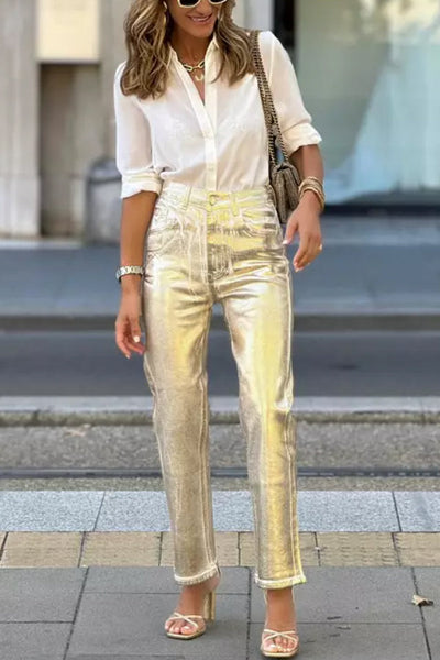 Maeve® | Goldfarbene Retro-Hose mit geradem Bein, losen Taschen und weiten Beinen