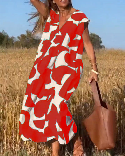Selena® | Langes bedrucktes Kleid mit kurzen Ärmeln