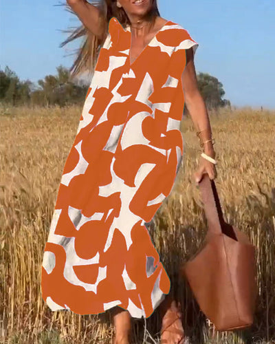 Selena® | Langes bedrucktes Kleid mit kurzen Ärmeln
