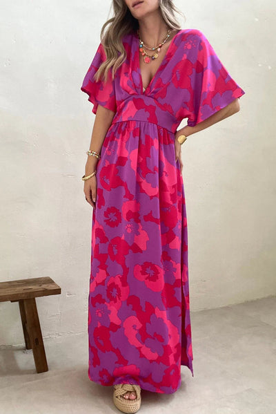 Paisley® | Rosafarbenes Dolman-Maxikleid mit abstraktem Blumendruck und V-Ausschnitt