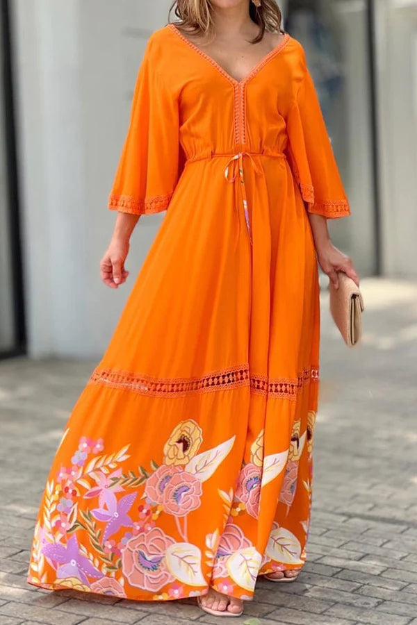 Ramona® | Elegantes, einzigartiges, bedrucktes Spitzen-Patchwork-Maxikleid mit Schnürung