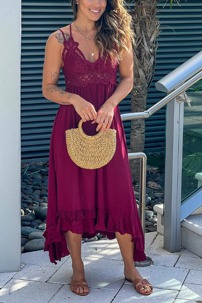 Verónica® | Granatrotes Häkeloberteil-High-Low-Kleid