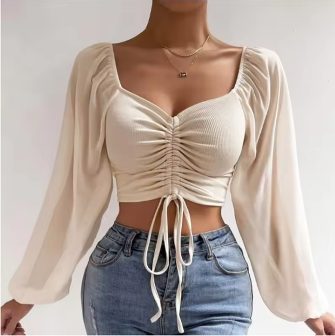 Elegantes Crop-Top | Transparente Ärmel & Raffung | Feminin & Modern