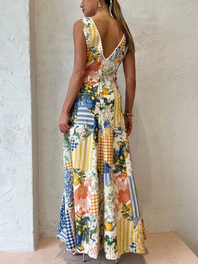Jumpsuit mit Patchwork-Design | Tiefer V-Ausschnitt | Weites Bein
