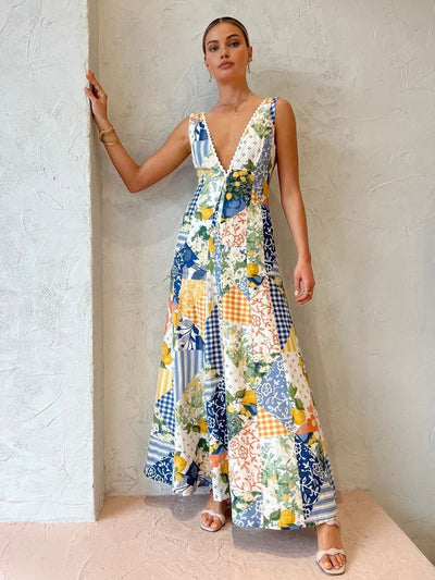Jumpsuit mit Patchwork-Design | Tiefer V-Ausschnitt | Weites Bein