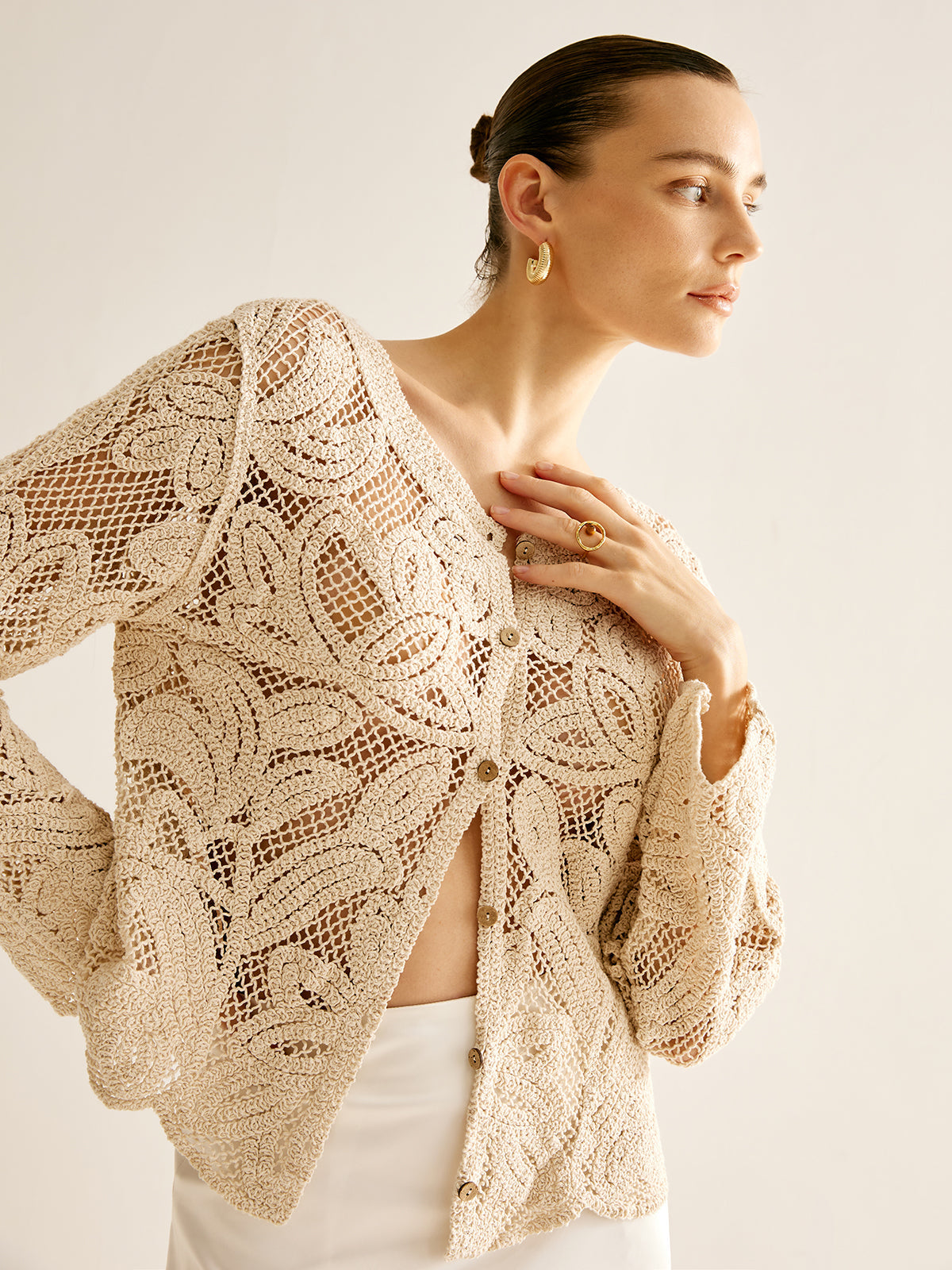 Häkelcardigan mit Blumenmuster | Transparenter Look | Gerade Passform