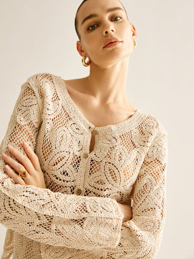 Häkelcardigan mit Blumenmuster | Transparenter Look | Gerade Passform