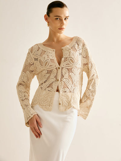 Häkelcardigan mit Blumenmuster | Transparenter Look | Gerade Passform