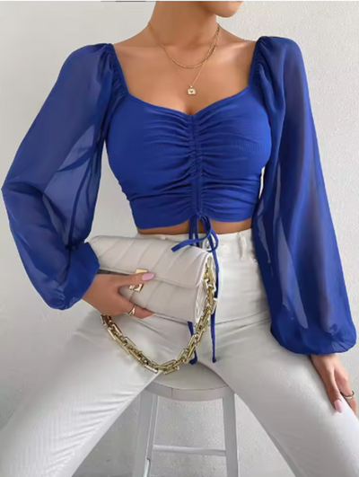 Elegantes Crop-Top | Transparente Ärmel & Raffung | Feminin & Modern