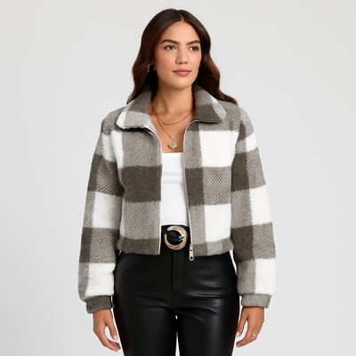Sabine | Damen Kariertes Teddy-Fleecejacke mit Reißverschluss und Langarm