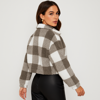 Sabine | Damen Kariertes Teddy-Fleecejacke mit Reißverschluss und Langarm