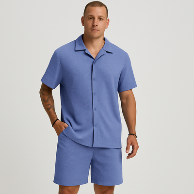 Lässiges Herren-Set – Kurzarmhemd mit Kragen und Shorts mit strukturiertem Karomuster
