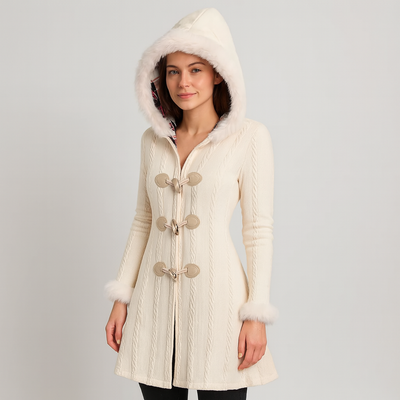Selena | Damen-Kapuzenmantel mit kariertem Patchwork und Hornknöpfen