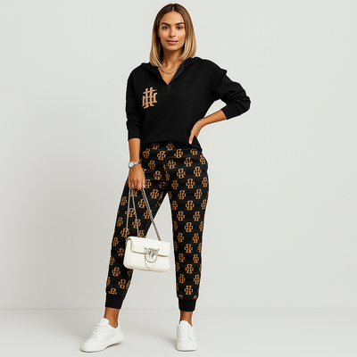 Schicker 2-teiliger Trainingsanzug für Damen – Kariertes Reißverschlussoberteil & schmal zulaufende Hose mit Seitenstreifen