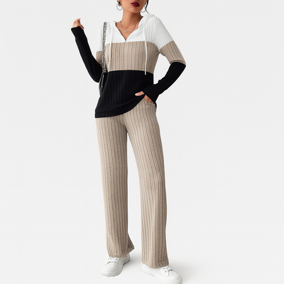 Damen Zweiteiler mit Reißverschluss – Gestreiftes Top & High-Waist Hose mit weitem Bein