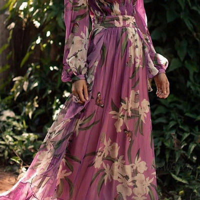 Maxikleid mit tiefem V-Ausschnitt | Blumenprint | Fließende Ärmel