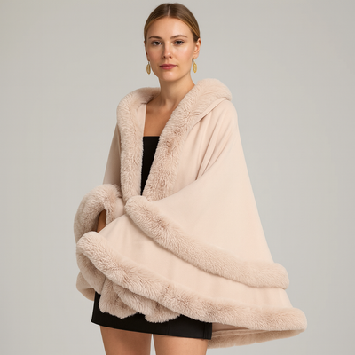 Friedela | Cape-Mantel mit flauschigem Besatz und Kapuze in Übergröße