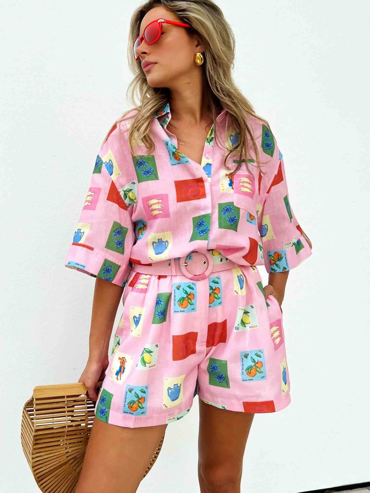 Ruwella | Shorts-Set - Rosa Stempeldruck