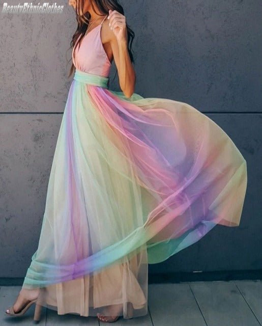Maxikleid mit Farbverlauf | Tüllrock | Spaghettiträger