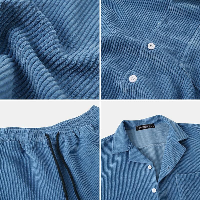 Herren Lässiges Cordhemd und Shorts Set | Retro Casual Kleidung