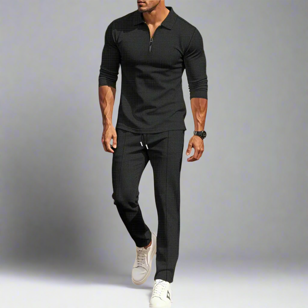 Lässiges Streetwear-Set für Herren – einfarbiges Langarm-Oberteil mit halbem Reißverschluss und passende Hose, leicht und atmungsaktiv