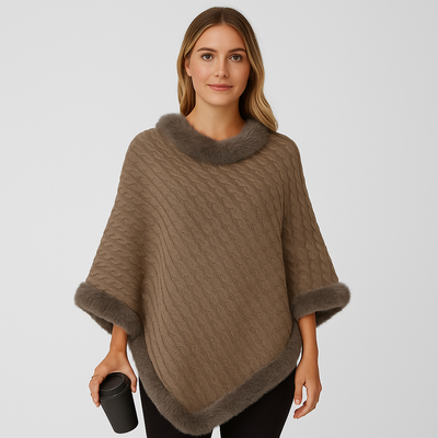Loretta | Zopfmuster-Pullover mit Fledermausärmeln und Pelzbesatz