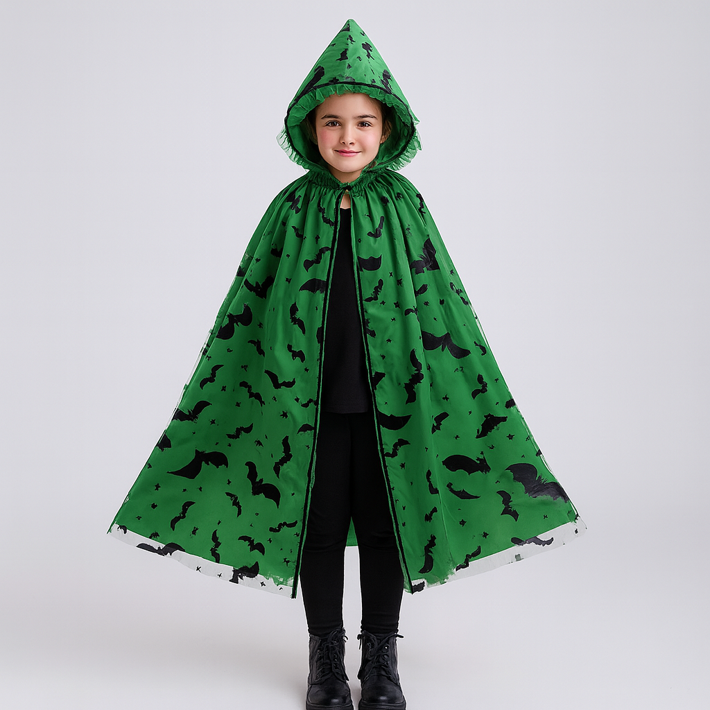 Noctira | Vintage-Halloween-Kapuzenumhang mit Spinnennetz- und Fledermaus-Print