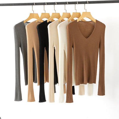Femme Gerippter Langarm V-Ausschnitt Top Heidi-Mode