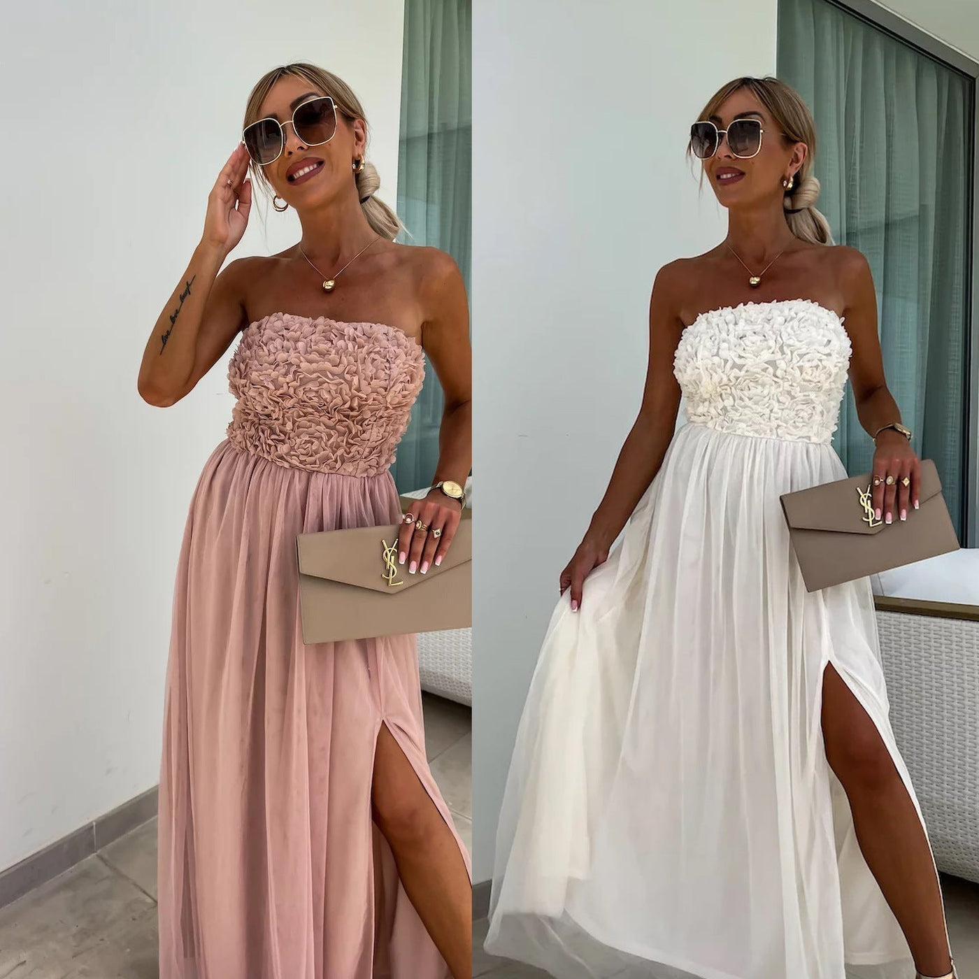 Stacey® | Elegantes trägerloses langes Blumenkleid