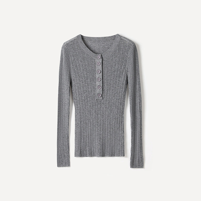Femme Geripptes Langarm-Henley-Oberteil Heidi-Mode