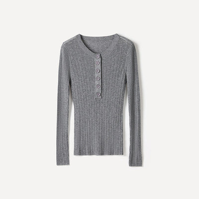 Femme Geripptes Langarm-Henley-Oberteil Heidi-Mode