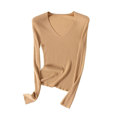 Femme Gerippter Langarm V-Ausschnitt Top Heidi-Mode