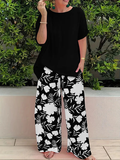 Damen Freizeit Zweiteiler mit Blumenmuster | Weite Hose