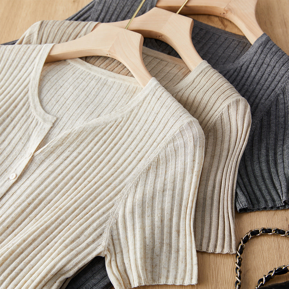 Femme Rippstrick Knopf-besetzte Strickbluse Heidi-Mode