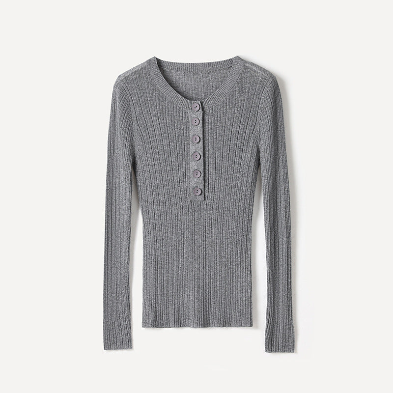 Femme Geripptes Langarm-Henley-Oberteil Heidi-Mode