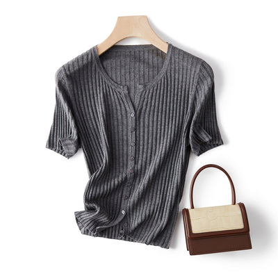 Femme Rippstrick Knopf-besetzte Strickbluse Heidi-Mode