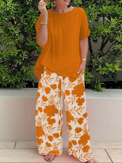 Damen Freizeit Zweiteiler mit Blumenmuster | Weite Hose
