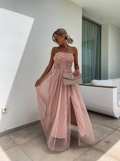 Stacey® | Elegantes trägerloses langes Blumenkleid