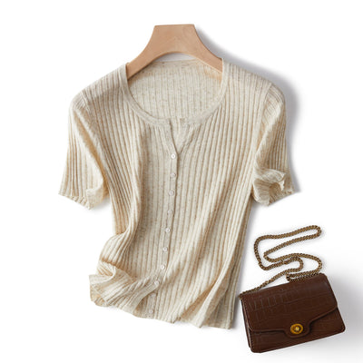 Femme Rippstrick Knopf-besetzte Strickbluse Heidi-Mode