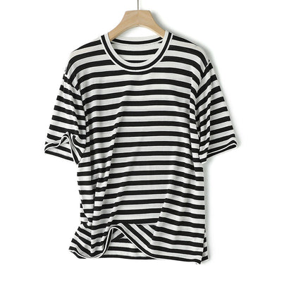 Damen Übergroße Gestreifte Rundhals T-Shirt Heidi-Mode