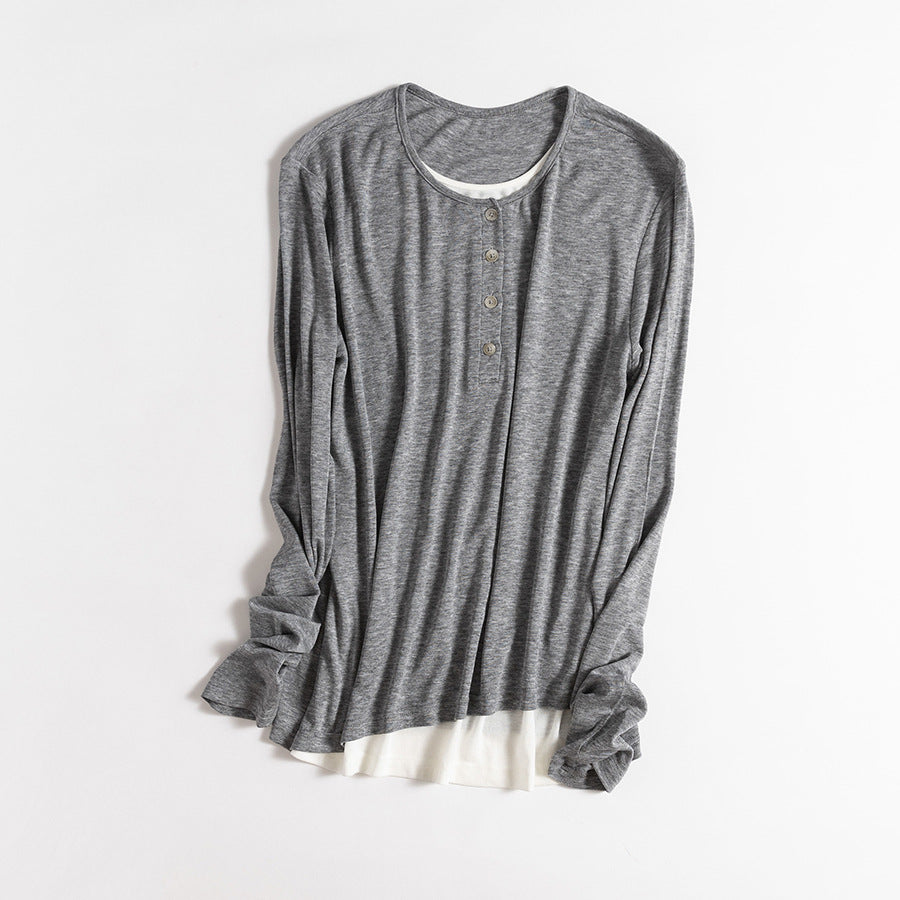 Femme Leichtgewicht Langarm Henley Oberteil Heidi-Mode