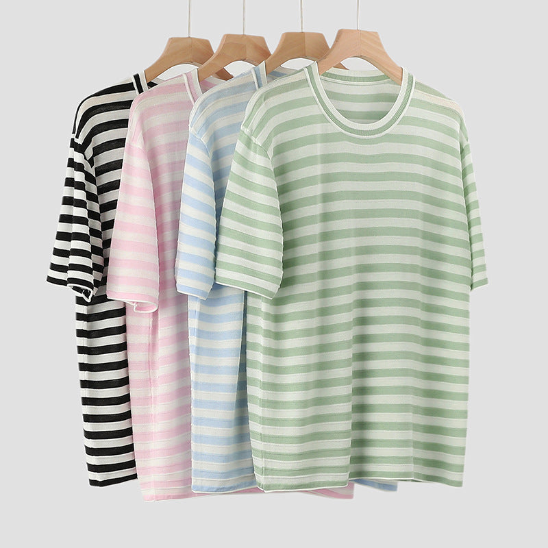 Damen Übergroße Gestreifte Rundhals T-Shirt Heidi-Mode