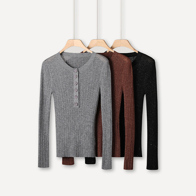 Femme Geripptes Langarm-Henley-Oberteil Heidi-Mode