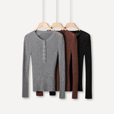 Femme Geripptes Langarm-Henley-Oberteil Heidi-Mode