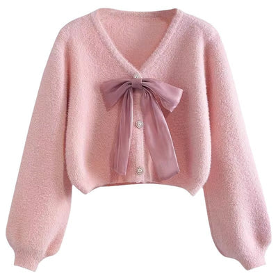 Flauschiger Strick-Cardigan | Elegante Schleife | Femininer Look