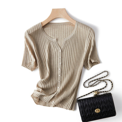 Femme Rippstrick Knopf-besetzte Strickbluse Heidi-Mode