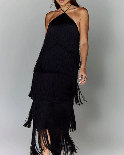 Neckholder-Kleid mit Fransen | Mehrlagiges Design | Eleganter Schwung
