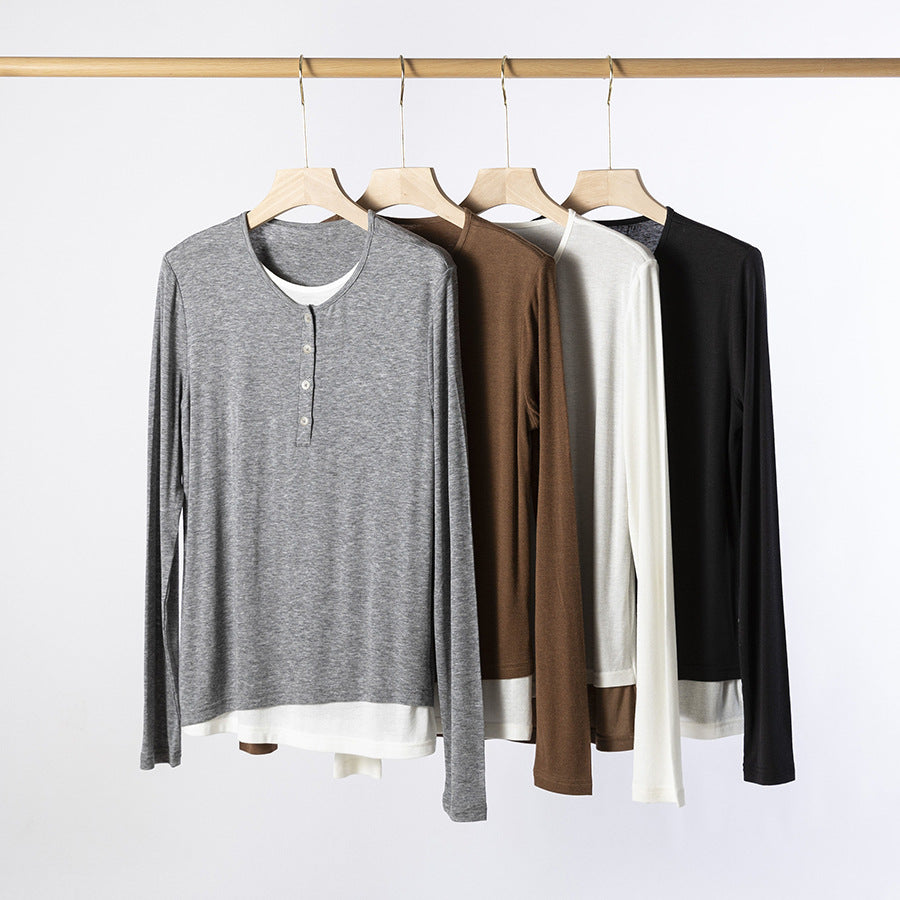 Femme Leichtgewicht Langarm Henley Oberteil Heidi-Mode