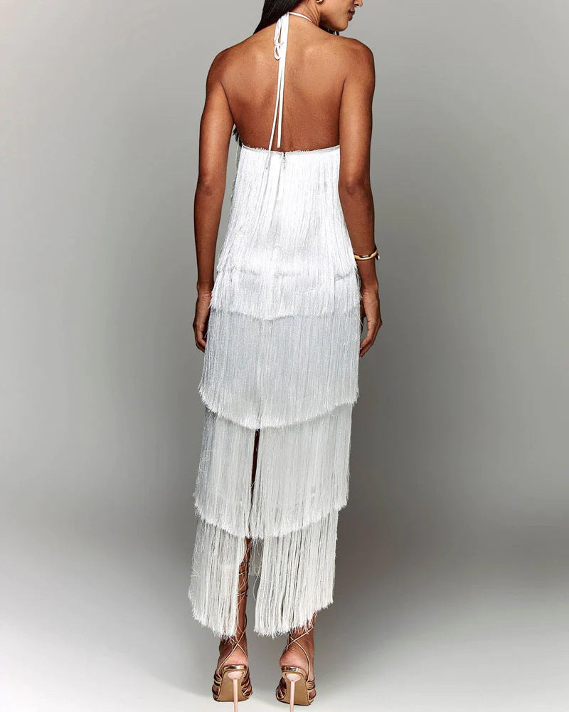 Neckholder-Kleid mit Fransen | Mehrlagiges Design | Eleganter Schwung
