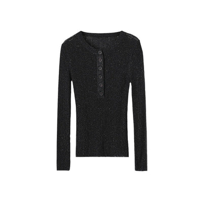 Femme Geripptes Langarm-Henley-Oberteil Heidi-Mode
